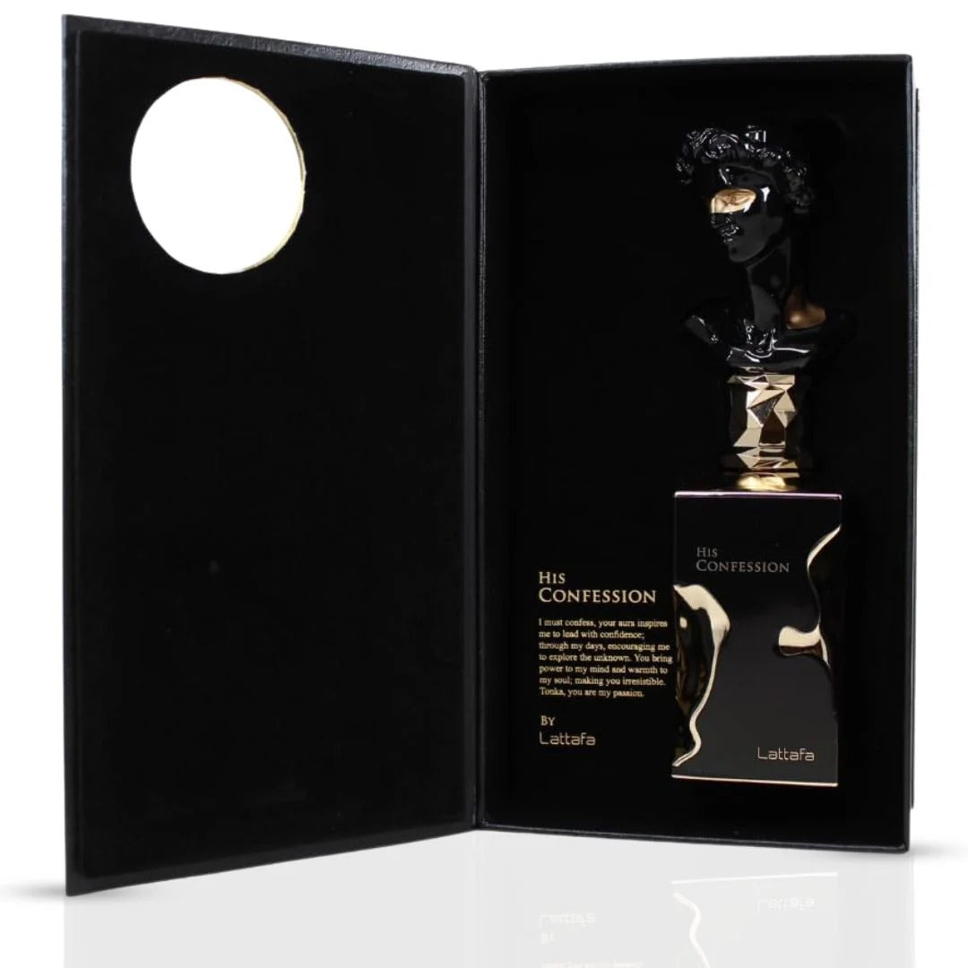 His Confession Eau De Parfum Spray 100ML (3.4 OZ) by Lattafa | A Bold Blend of Citrus, Spice & Warm Woods, with a Rich Amber Finish.