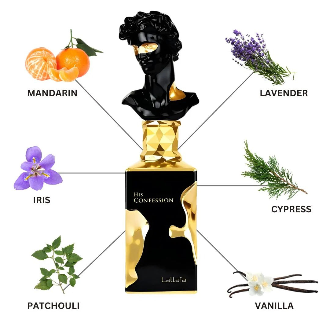 His Confession Eau De Parfum Spray 100ML (3.4 OZ) by Lattafa | A Bold Blend of Citrus, Spice & Warm Woods, with a Rich Amber Finish.