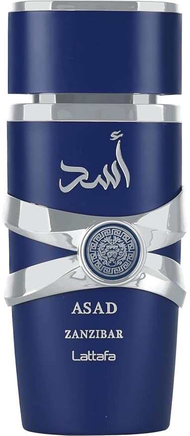 Bundle of Lattafa Perfumes Asad Zanzibar 3.4oz Eau De Perfume with 1 Travel Refillable Bottle(5ML) & 1 Scented Car Freshener Card