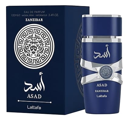 Bundle of Lattafa Perfumes Asad Zanzibar 3.4oz Eau De Perfume with 1 Travel Refillable Bottle(5ML) & 1 Scented Car Freshener Card