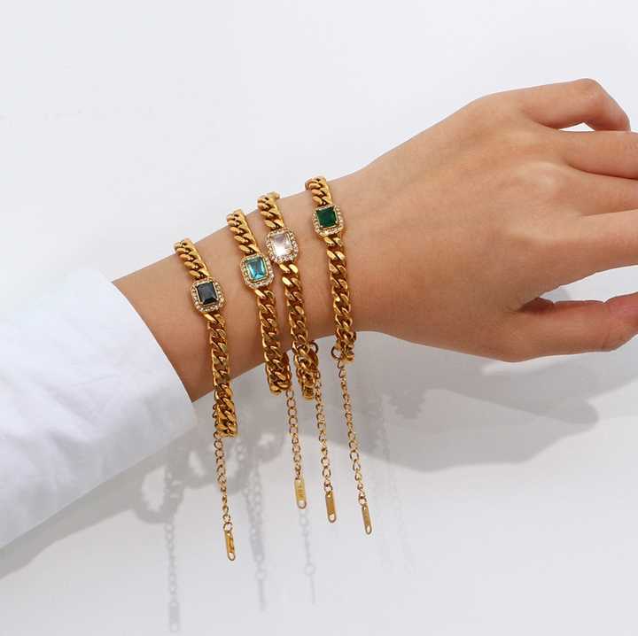 18K Gold Plated Hip Hop Cuban Chain Bracelet with Square Zircon for Women
