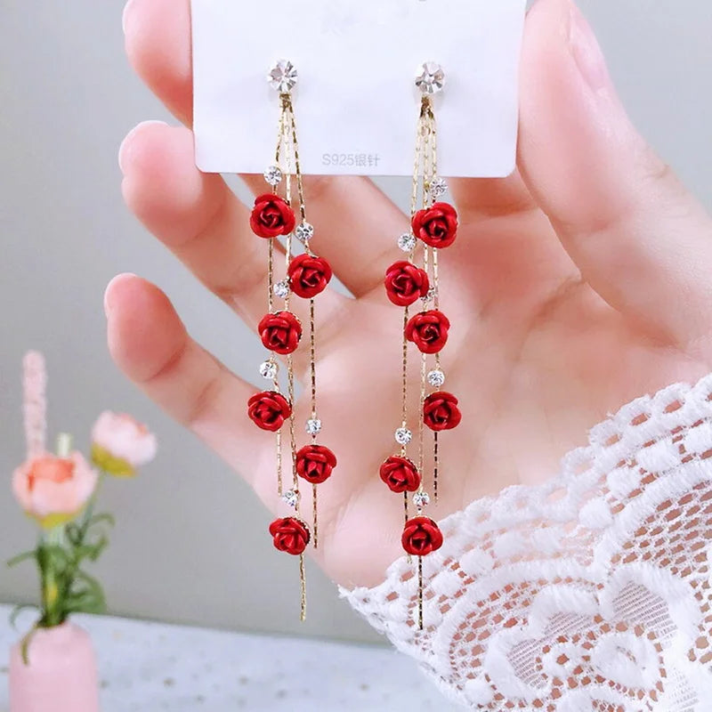 Vintage Red Rose Drop Earrings Rhinestone Flower Dangle Earrings for Women