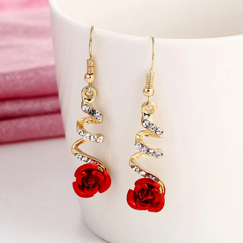 Vintage Red Rose Drop Earrings Rhinestone Flower Dangle Earrings for Women