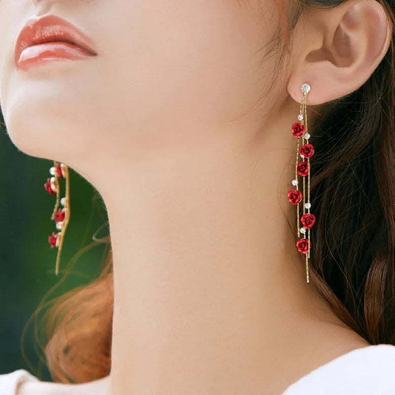 Vintage Red Rose Drop Earrings Rhinestone Flower Dangle Earrings for Women