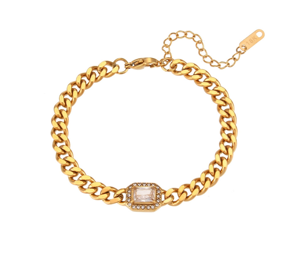 18K Gold Plated Hip Hop Cuban Chain Bracelet with Square Zircon for Women