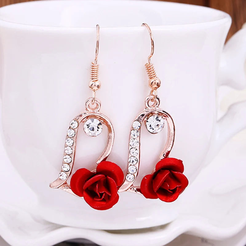 Vintage Red Rose Drop Earrings Rhinestone Flower Dangle Earrings for Women