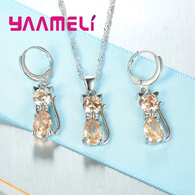 Silver Cat Jewelry Set Shining Austrian Crystal Necklace & Huggie Earrings
