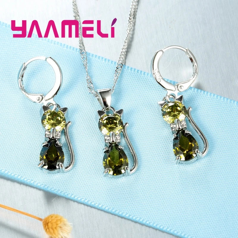Silver Cat Jewelry Set Shining Austrian Crystal Necklace & Huggie Earrings