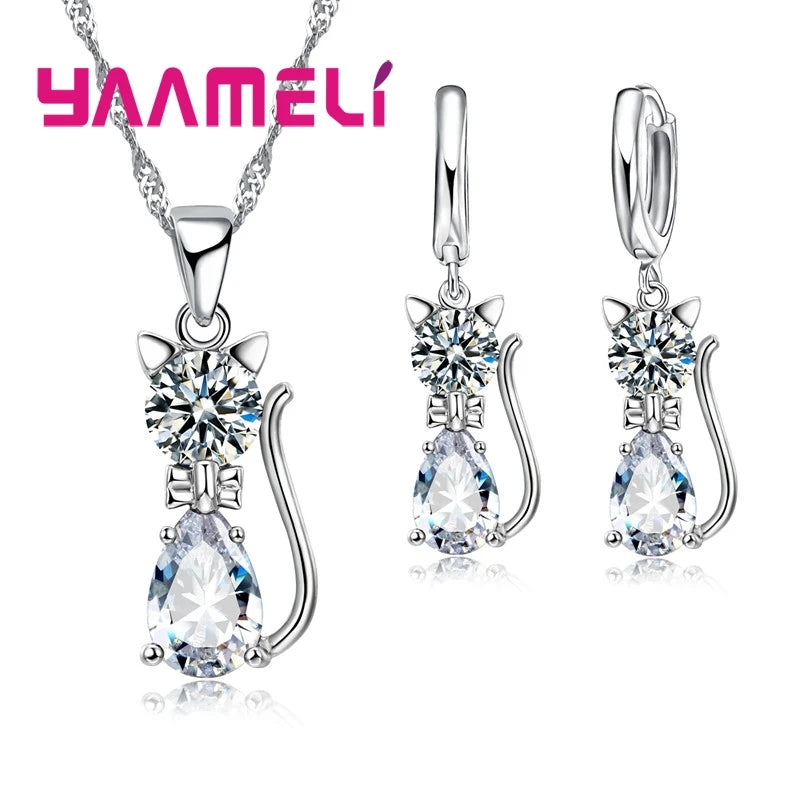 Silver Cat Jewelry Set Shining Austrian Crystal Necklace & Huggie Earrings