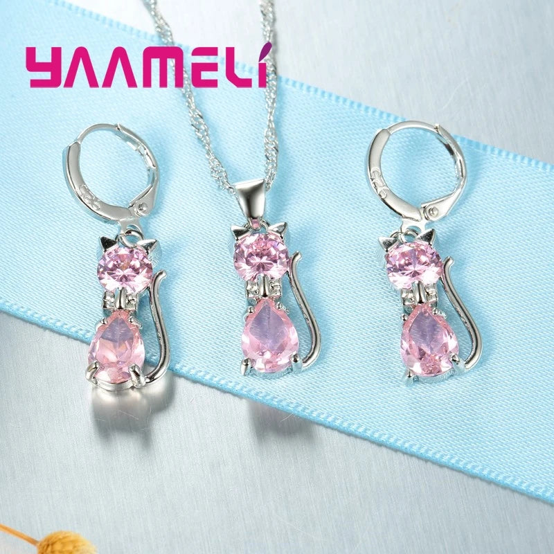 Silver Cat Jewelry Set Shining Austrian Crystal Necklace & Huggie Earrings