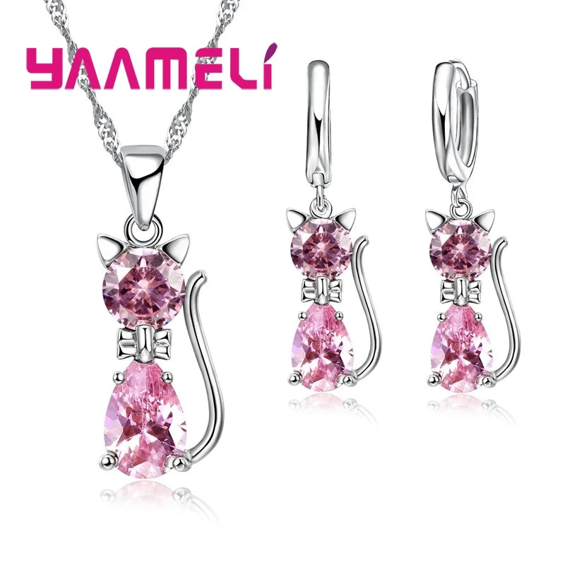 Silver Cat Jewelry Set Shining Austrian Crystal Necklace & Huggie Earrings