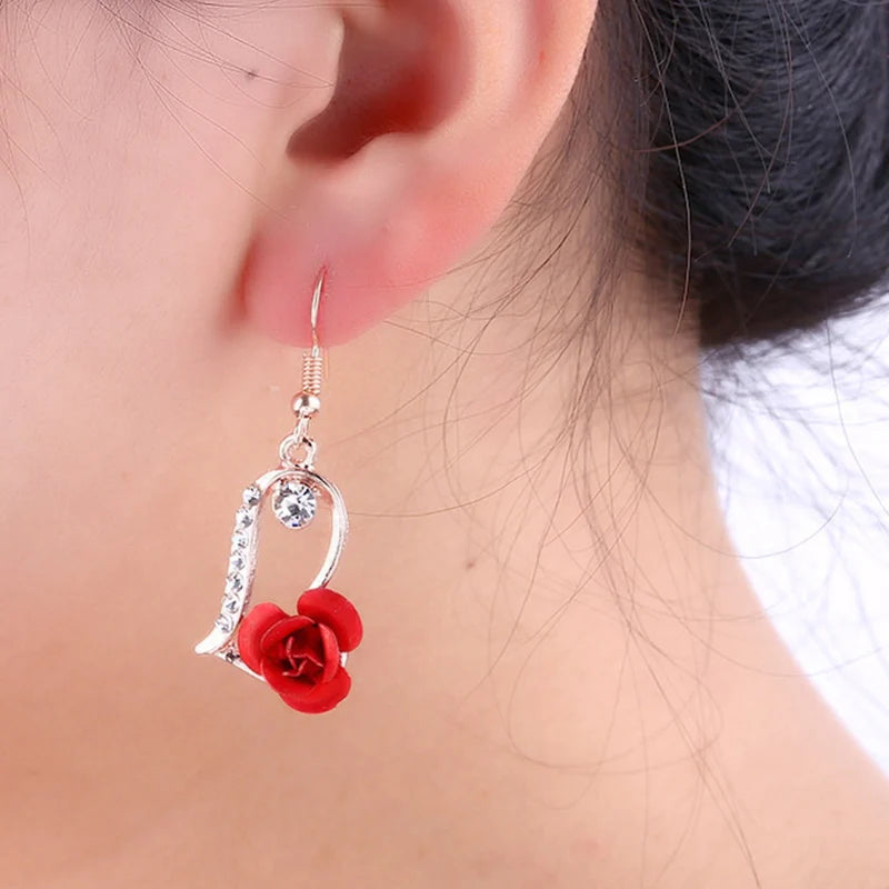 Vintage Red Rose Drop Earrings Rhinestone Flower Dangle Earrings for Women