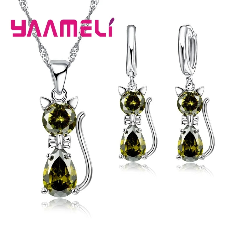 Silver Cat Jewelry Set Shining Austrian Crystal Necklace & Huggie Earrings