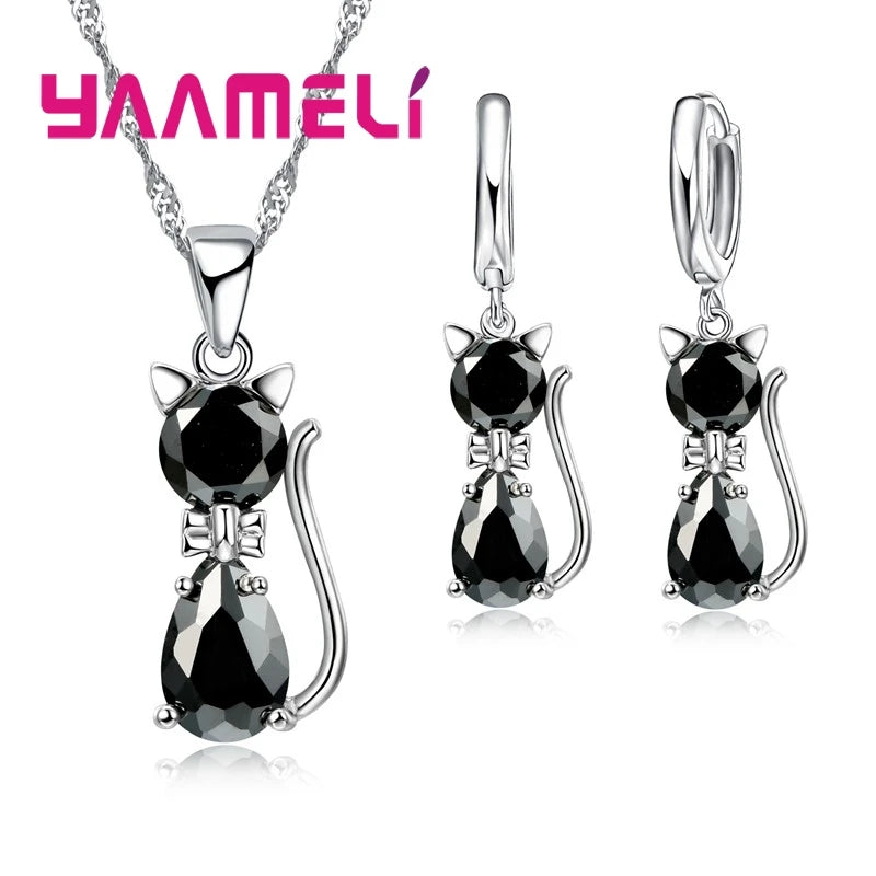 Silver Cat Jewelry Set Shining Austrian Crystal Necklace & Huggie Earrings