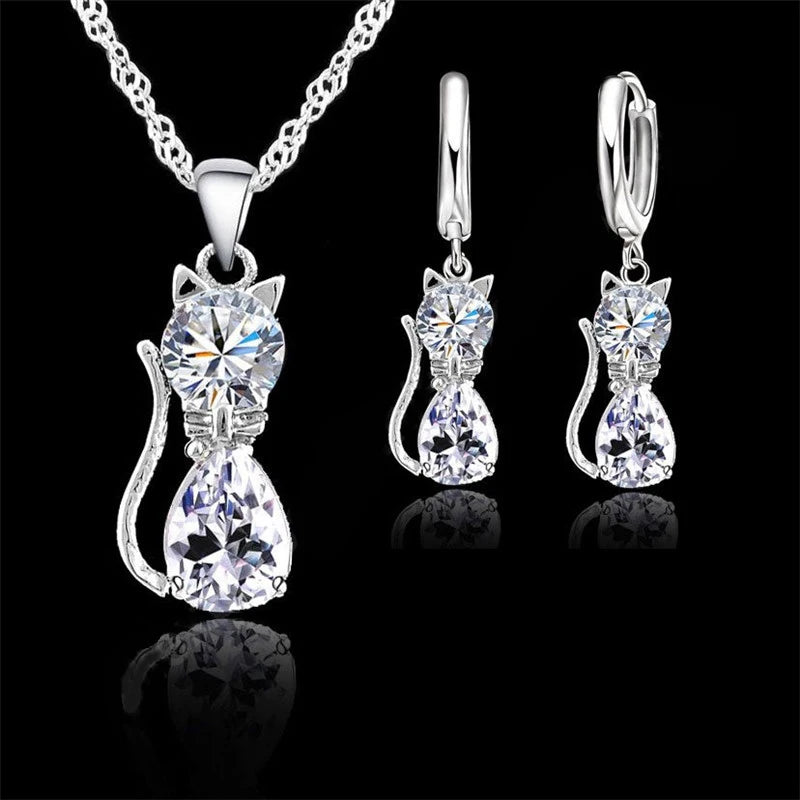 Silver Cat Jewelry Set Shining Austrian Crystal Necklace & Huggie Earrings
