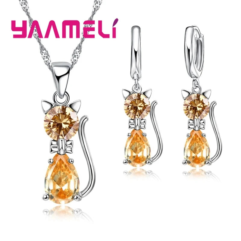 Silver Cat Jewelry Set Shining Austrian Crystal Necklace & Huggie Earrings