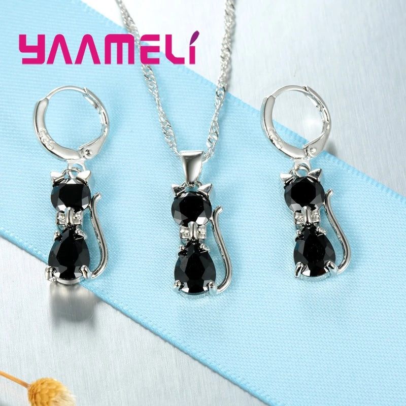 Silver Cat Jewelry Set Shining Austrian Crystal Necklace & Huggie Earrings