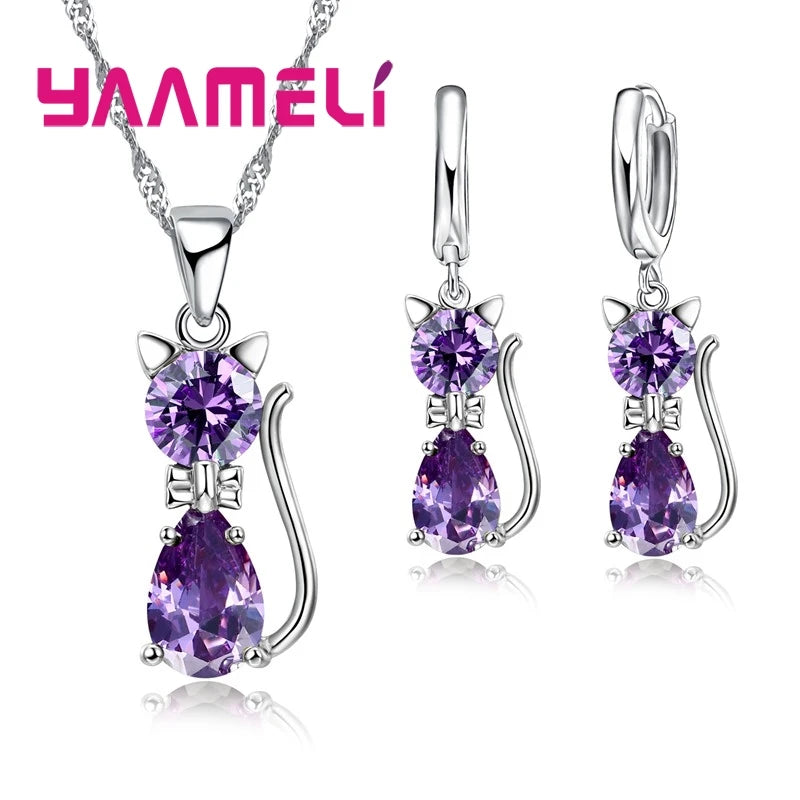 Silver Cat Jewelry Set Shining Austrian Crystal Necklace & Huggie Earrings