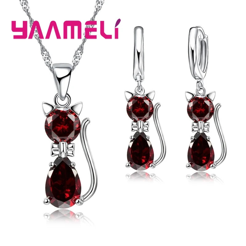 Silver Cat Jewelry Set Shining Austrian Crystal Necklace & Huggie Earrings