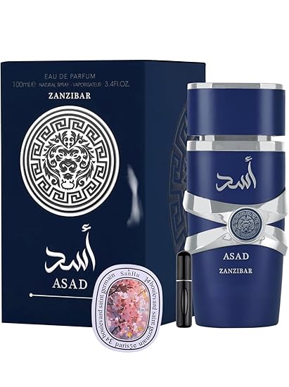Bundle of Lattafa Perfumes Asad Zanzibar 3.4oz Eau De Perfume with 1 Travel Refillable Bottle(5ML) & 1 Scented Car Freshener Card