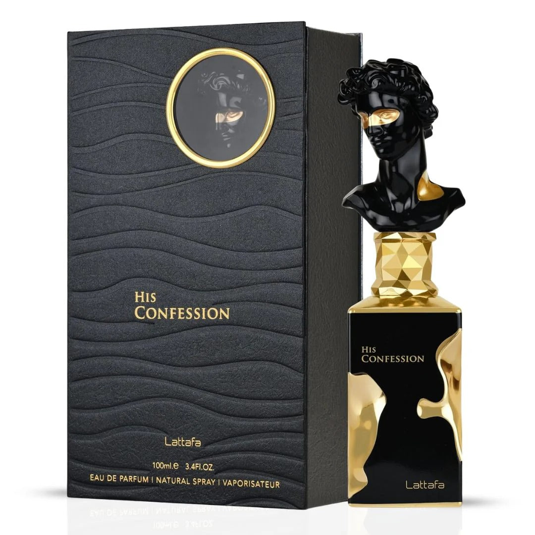His Confession Eau De Parfum Spray 100ML (3.4 OZ) by Lattafa | A Bold Blend of Citrus, Spice & Warm Woods, with a Rich Amber Finish.