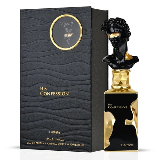 His Confession Eau De Parfum Spray 100ML (3.4 OZ) by Lattafa | A Bold Blend of Citrus, Spice & Warm Woods, with a Rich Amber Finish.