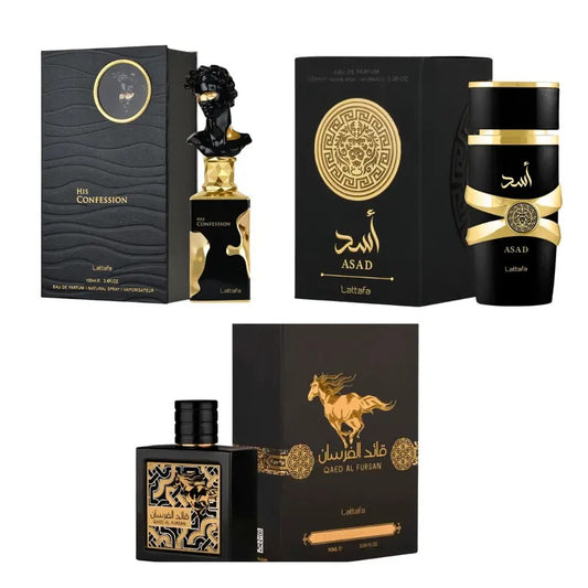 lattafa fragrance trio; Asad, his confession & qaeed al fursan {combo}