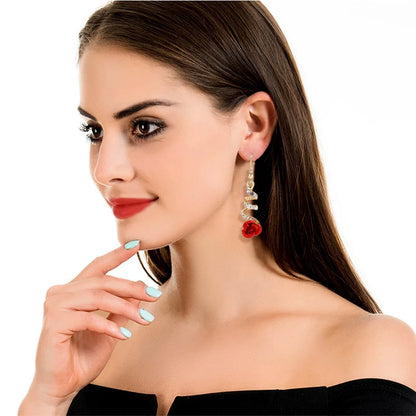 Vintage Red Rose Drop Earrings Rhinestone Flower Dangle Earrings for Women