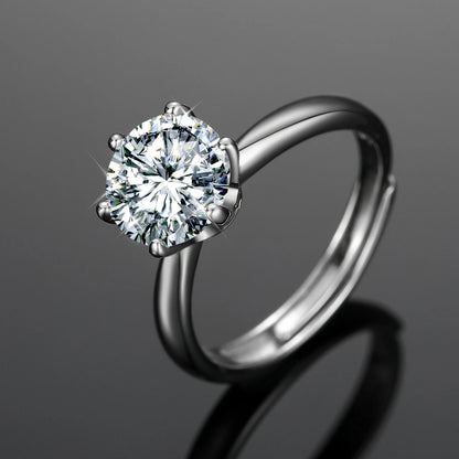 925 Sterling Silver Moissanite Ring Resizable, 6-Prong Setting