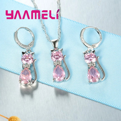 Silver Cat Jewelry Set Shining Austrian Crystal Necklace & Huggie Earrings