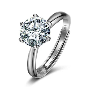 925 Sterling Silver Moissanite Ring Resizable, 6-Prong Setting