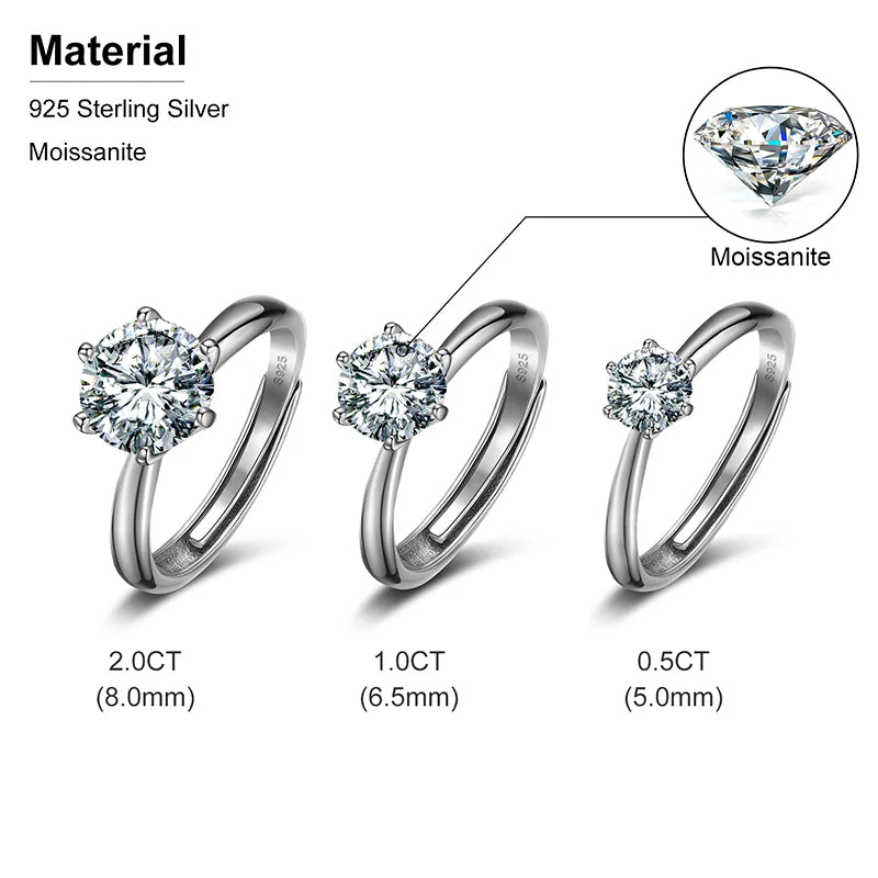 925 Sterling Silver Moissanite Ring Resizable, 6-Prong Setting