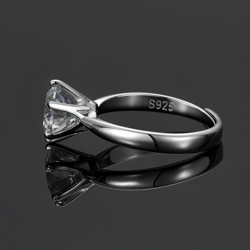 925 Sterling Silver Moissanite Ring Resizable, 6-Prong Setting