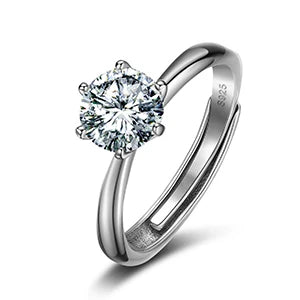 925 Sterling Silver Moissanite Ring Resizable, 6-Prong Setting