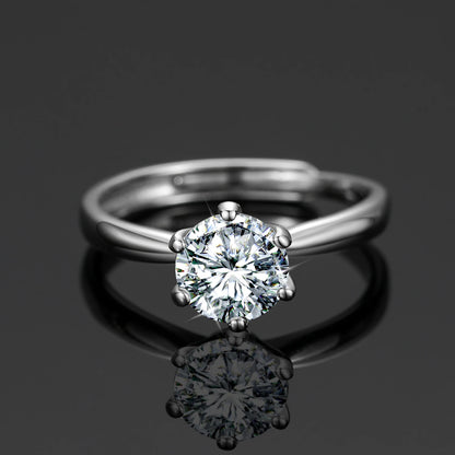 925 Sterling Silver Moissanite Ring Resizable, 6-Prong Setting
