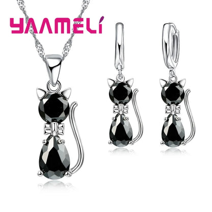Silver Cat Jewelry Set Shining Austrian Crystal Necklace & Huggie Earrings