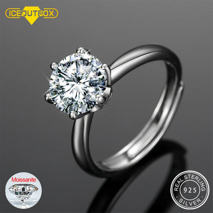 925 Sterling Silver Moissanite Ring Resizable, 6-Prong Setting