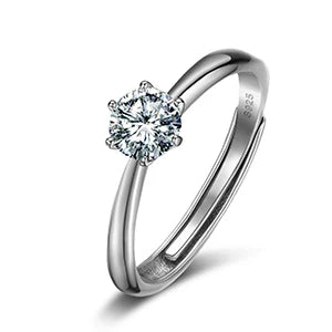 925 Sterling Silver Moissanite Ring Resizable, 6-Prong Setting