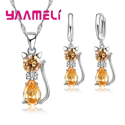 Silver Cat Jewelry Set Shining Austrian Crystal Necklace & Huggie Earrings