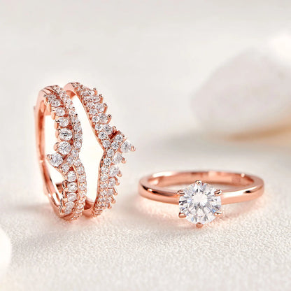 Sterling Silver Rose & Yellow Gold Engagement Ring Set