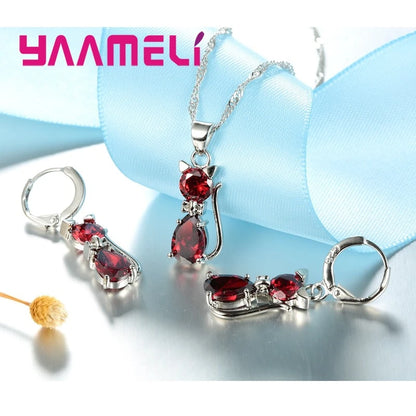 Silver Cat Jewelry Set Shining Austrian Crystal Necklace & Huggie Earrings