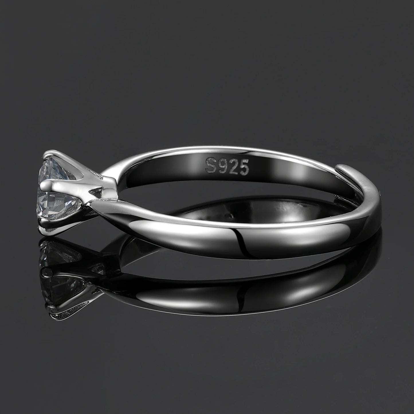 925 Sterling Silver Moissanite Ring Resizable, 6-Prong Setting