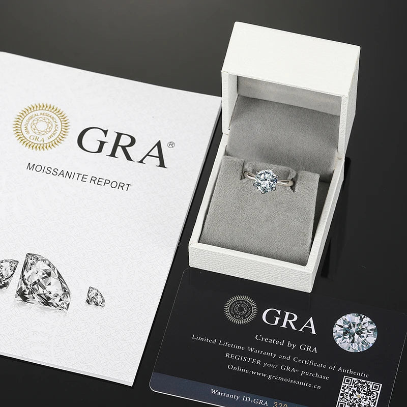 925 Sterling Silver Moissanite Ring Resizable, 6-Prong Setting
