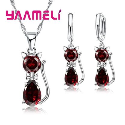 Silver Cat Jewelry Set Shining Austrian Crystal Necklace & Huggie Earrings